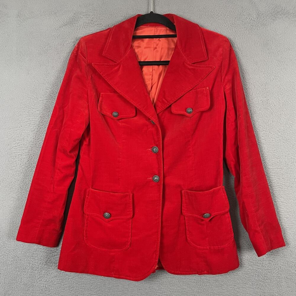 Junior House Blazer Womens S Red Velvet Lined Tailored Four-Button Vintage